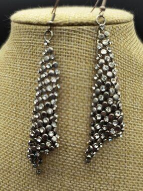 Silver Tone Mesh Rhinestone Dangle Earrings • Sparkly Statement Party Jewelry